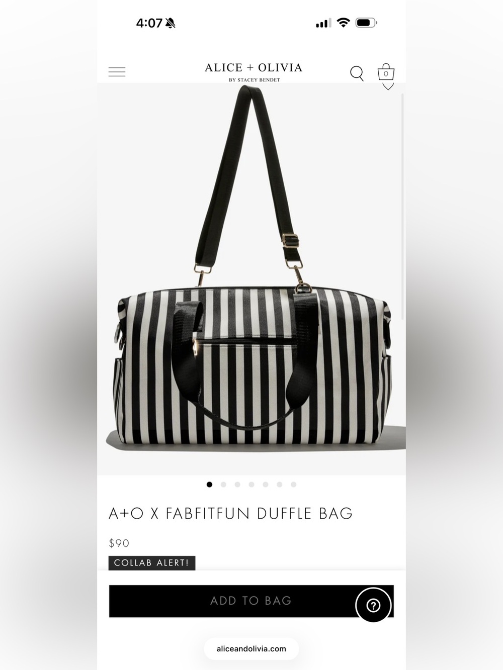 Alice + Olivia Black and White Striped Travel Duffle